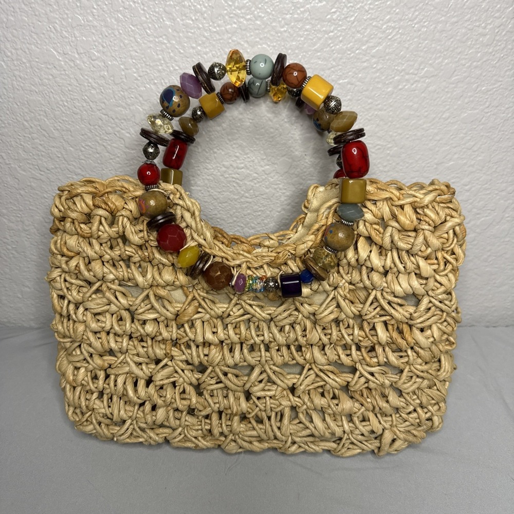 Cappelli Straworld Woven Straw Purse Handbag Beaded Ring Handles Boho Beach
